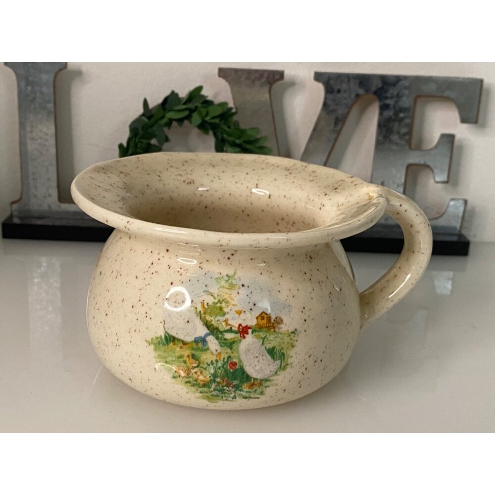 Vintage Stoneware Handled Child' s Camber Pot‎ with Geese Motif